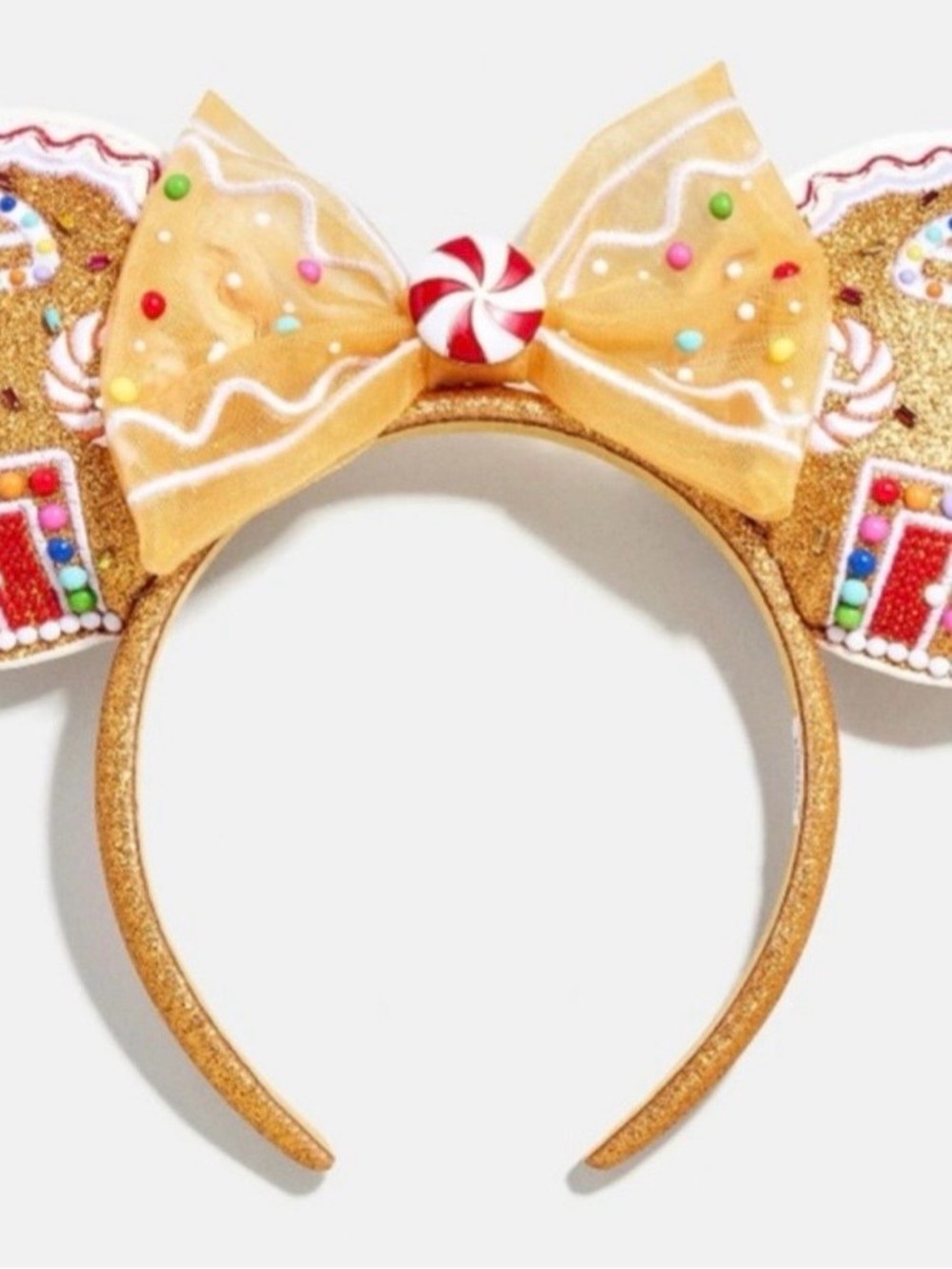 BaubleBar Gold Gingerbread Bow Kids Headband with Red-White Candy Accent